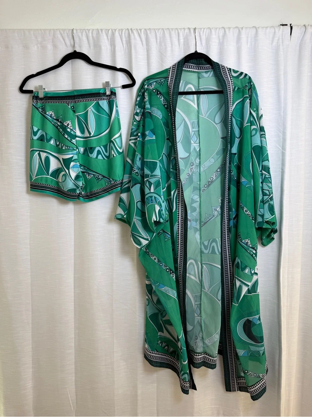 Green Abstract Print Kimono & Shorts Matching Set | Size S